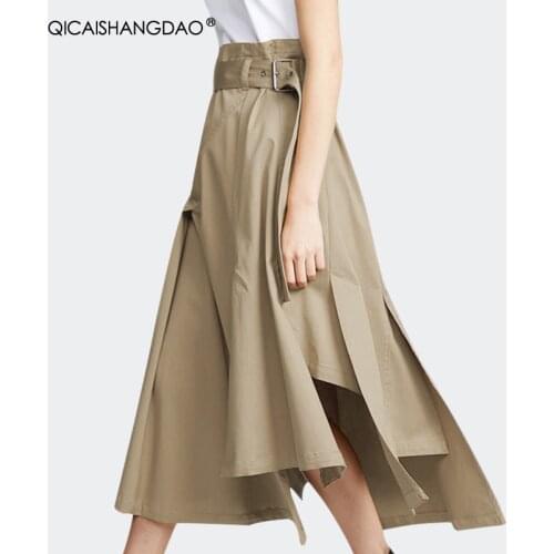 High Street Womens Windproof Maxi Skirt 2021 Autumn New High Waist A-Line Irregular Length Belted Solid Color Plus Size Skirts