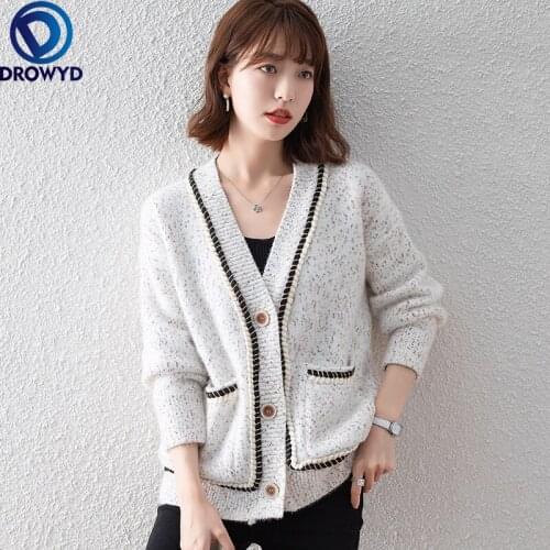 2021 Autumn and Winter Clothing New Single-breasted Loose Long-sleeved Cardigan Jacket Knitted Sweater Women V-neck Gray Sweater