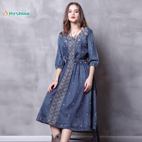 Womens embroidery denim dress large swing skirt retro mid sleeve dress