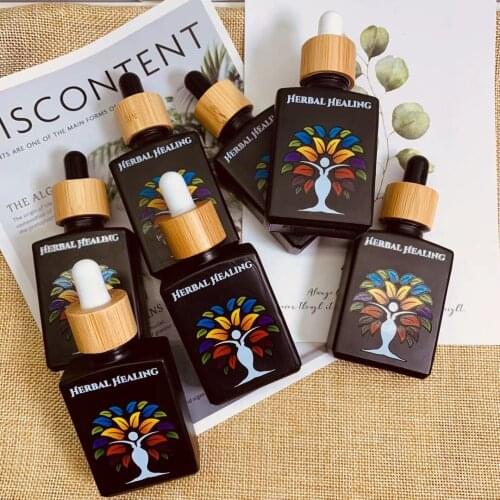 1oz bamboo beard oil 30ml rectangular hot stamping frosted black glass liquid dropper square bamboo lid bottle with wooden cap