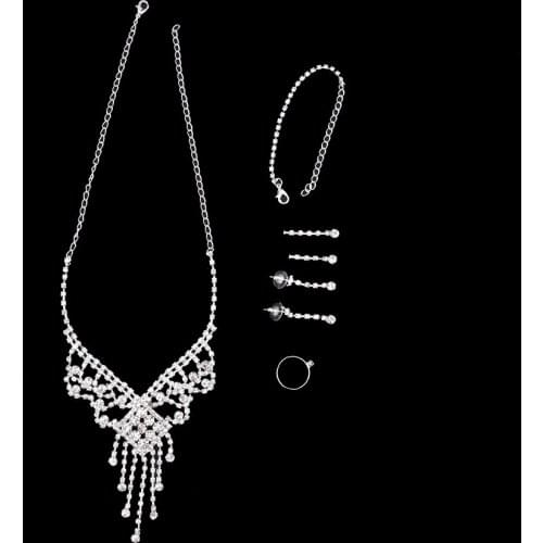 4Pcs/set Silver Crystal Rhinestone Bridal Necklace Earring Bracelet Ring Prom Jewelry Set wholesale drop shipping