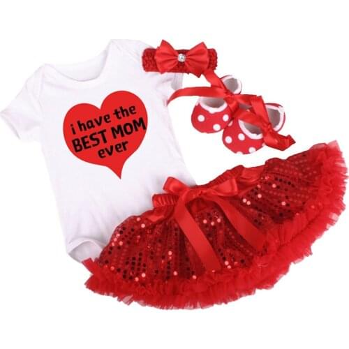 4pcs Set Baby Girl Clothe I have the BEST MOM Baby Outfits Romper Tutu Sequins Skirt Baby Shoes Mothers Day Clothes for Baby