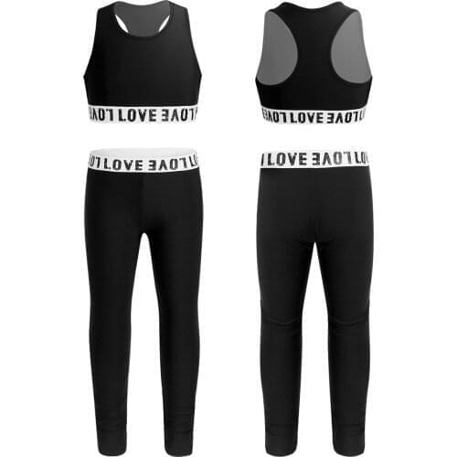 Kids Girls Ballet Dance Gymnastics Workout Clothes Set Letter Printed Sleeveless Tank Crop Tops With Leggings Tracksuit Outfit