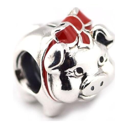 DIY Fits For Pandora Bracelets Piggy Bank Charms with Black and Red Enamel 100% 925 Sterling Silver Beads Free Shipping