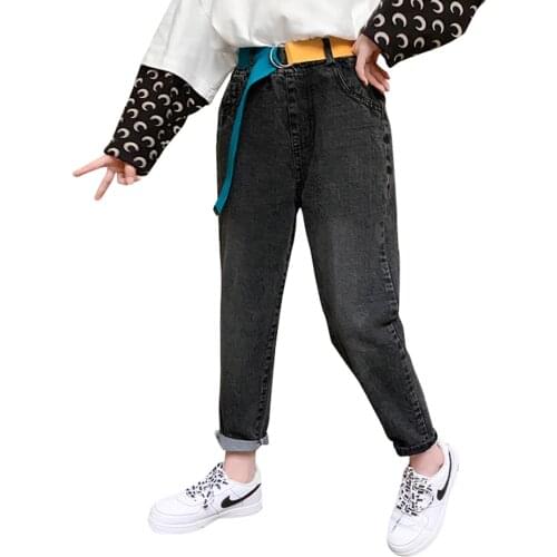 Jeans Girl 2020 Autumn Girl Jeans Kids Solid Color Kid Jeans With Belt Casual Style Clothes For Girls 6 8 10 12 14