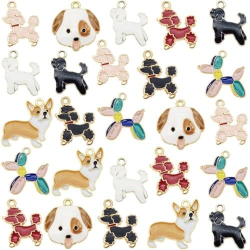 Julie Wang 8PCS Enamel Dog Charms Mixed Corgi Poodle Balloon Dog Alloy Animal Pendants Jewelry Making Necklace Accessory