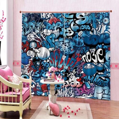European Custom Blue Explosion Punk Graffiti Curtains For Living Room Bedroom Window Drapes Indoor Decor High Blackout Curtain