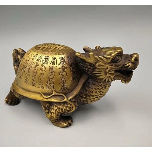 EXQUISITE Chinese Old Brass Gold Plated Inscription Dragon turtle statue YR