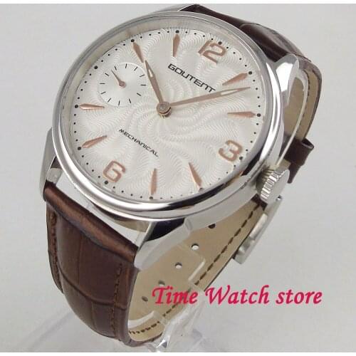 Classic Goutent 42mm wrist watch men waterproof leather strap white dial gold marks 17 jewels Mechanical 6497 Hand Wind 2001