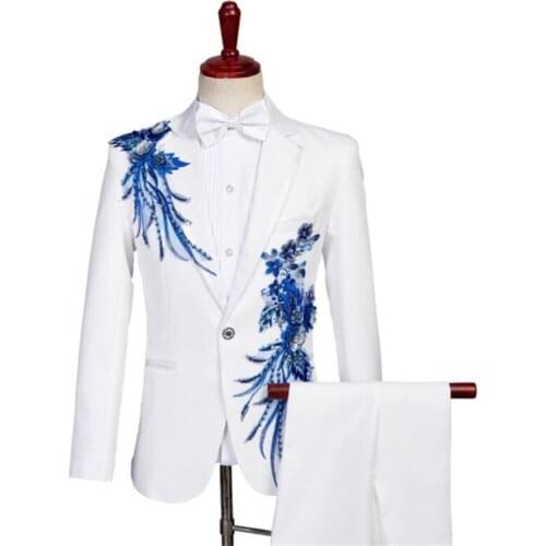 Blazer mens suits with pants sequin mens wedding suits costume white singer star style dance stage clothing formal dress white