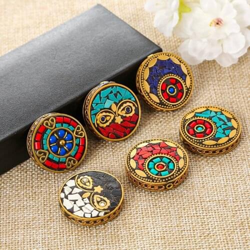 Nepalese Buddhist Handmade Flat Round 36mm Tibetan Brass Metal & Clay Loose Craft Beads for Jewelry Making DIY Necklace