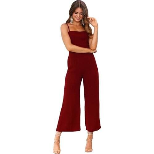 2020 new summer solid color straight sling one word shoulder back nine points wide leg pants breathable waist womens jumpsuit