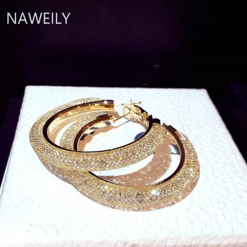 New Fashion Brilliant Rhinestone Big Circle Earring Trendy Hoop Earrings For Women Gold Silver Color Ladies Jewelry Ear Clip
