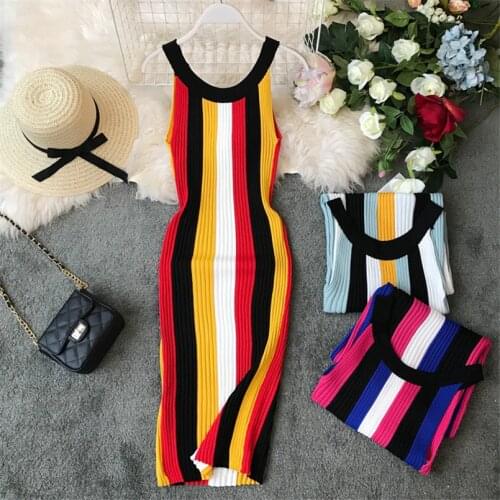 Fashion New Halter Neck Slim Summer Striped Print Knitted Cotton Sheath Midi Dress Women Tank Casual Party Bodycon Vestidos