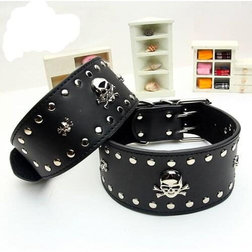 Round Rivets Large Dog Genuine Leather Collar Cowskin Pets Collars with Ghost Head 3sizes Free Shipping