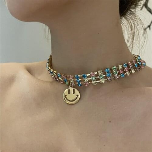 Origin Summer INS Fashion Three Row Rainbow CZ Zircon Choker Necklace for Women Gold Color Smile Face Pendant Necklaces Jewelry
