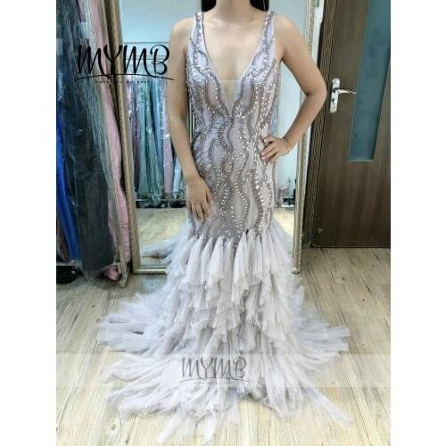 Plunging Neck Luxury Beading Tulle Ruffle Skirt Mermaid Red Carpet Evening Dress MYMB Brand Girls Party Dress MY31120