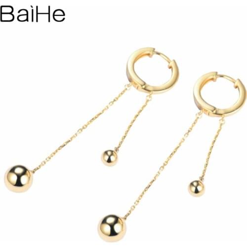 BAIHE Solid 18K Yellow Gold Fine Jewelry Pendientes Small Golden Ball Cерьги Simple Fringed Beating Tassel Stud Earrings Women