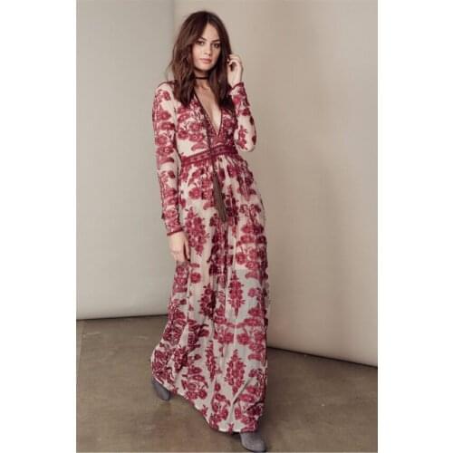 New women luxury blue flower embroidery long sleeve deep v-neck maxi long runway gauze dress vestidos SML