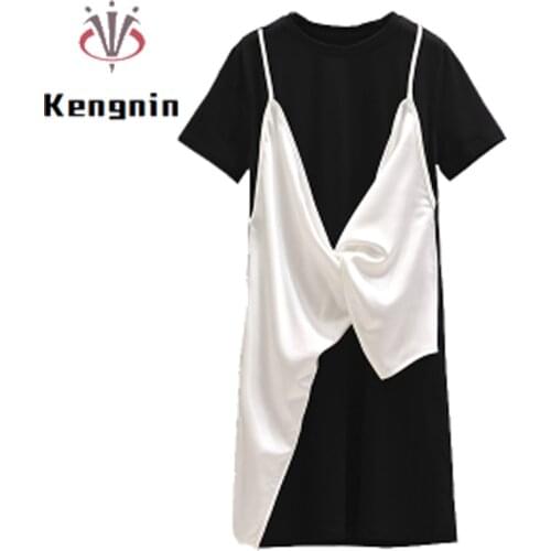 Plus Size 4XL Summer Womens Dress 2021 New Fake Two Piece Female Party Dresses Patchwork Asymmetrical Large Size Dresses KE1368