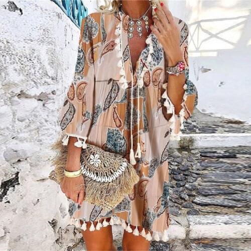 Women Floral Print 3/4 Sleeve Mini Dress 2021 Spring V Neck Tassel Vintage Party Dress Casual Loose Summer Beach Dresses Vestido