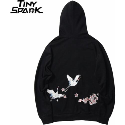 2021 Men Hip Hop Streetwear Hoodie Harajuku Embroidery Crane Peach Blossom Kanji Hoodie Cotton Casual Fashion Floral Sweat Shirt