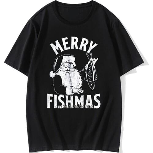 2021 Mens Tops Tees Merry Fishmas Tshirt Funny Christmas Santa Claus Fishing 100% Cotton O Neck Oversized T shirt