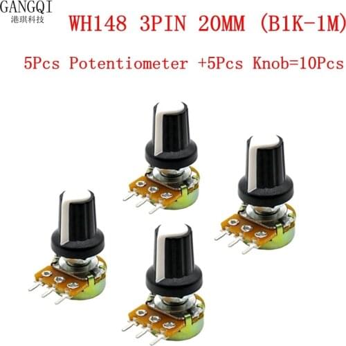 5PCS/WH148 1K 2K 5K 10K 20K 50K 100K 250K 500K 1M Ohm 20mm 3Pin Carbon Film Potentiometer + Rotary Switch Knobs Cap Kit