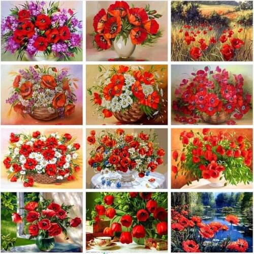 Flowers Diamond Painting Red Poppies Basket Mosaic Art Embroidery Rhinestone Picture Small Size Wall Stickers Decor Beads Draw