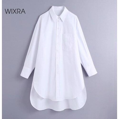 Wixra Womens Solid Blouse Oversized Long Sleeve Turn Down Collar Pockets Shirts Autumn Spring French Style Tops Lady