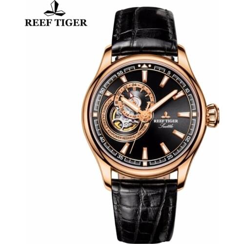 Reef Tiger/RT Luxury Designer Watches for Men Rose Gold Automatic Watches Genuine Leather Watch Strap RGA1639