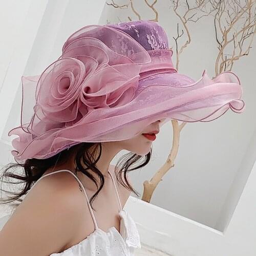 Women Floral Organza Cap Wide Brim Church Lady Tea Party Sun Hats Bonnet