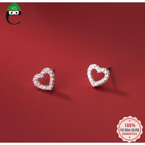 ElfoPlataSi Real 925 Real Sterling Silver Fashion Romantic Hollow Heart CZ Stud Earring For Women Wedding Party Jewelry DD991