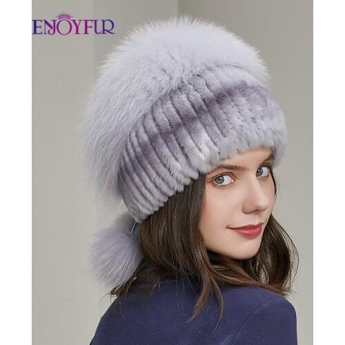 ENJOYFUR Women Winter Fur Knitted Hats Real Rex Rabbit With Fox Fur Pompom Beanies Warm Fashion Female Quality Ski Gorros Bonnet