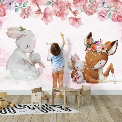 Custom Living Room Children Room Animal Photo Wall Decoration Painting Cartoon Floral Rabbit Mural Wallpaper For Kids Room