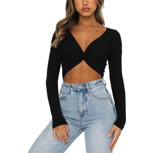Long Sleeve T-shirt Womens Crop Top Solid Color Deep V-neck Sexy Tee Shirt Spring Autumn Ladies Knitted Skinny Pullover Tee Top