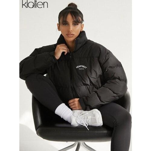 KLALIEN Women Winter Thicken Wadded Jacket 2021 New Embroidery Letter Zipper Cotton-Padded Coat Female High Street Outerwear