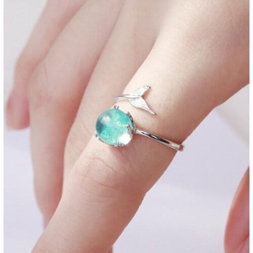 Deep Sea Blue Stone Fish Tail Pattern Silver Color Ring For Woman Cocktail Party Finger Band Accessories Girlfriend Gift