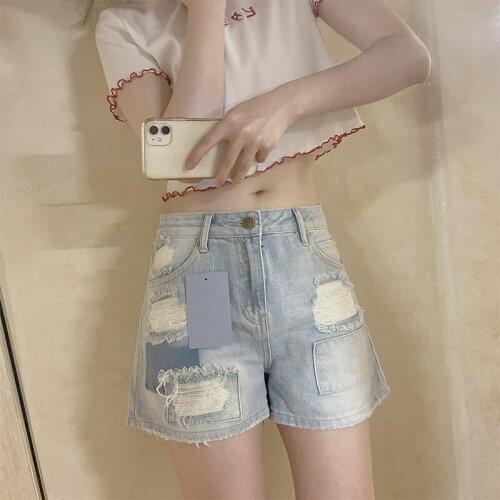 Summer Vintage Womens Shorts Original Ripped Patch Denim Shorts Sweet Button Fly Pockets Costume Fashion All-Match Clothing