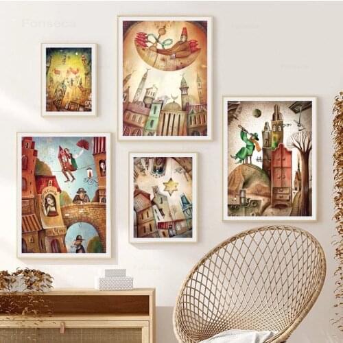 Catoon Bridge Clock Scnery Wall Art Canvas Painting Nordic Posters and Prints Wall Pictures for Kids Room Home Decoration