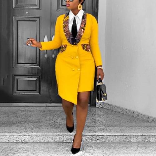 African Ladies Fashion Blazer Dress for Womens Temperament Double Breasted Full Sleeve Bodycon Elegant Business Work Dress Midi