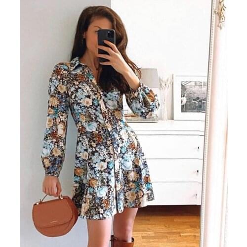 Ardm Elegant Flower Print Woman Dress Long Sleeve V Neck Mini Dress With Button Vintage Spring 2021 New Female Vestido Mujer