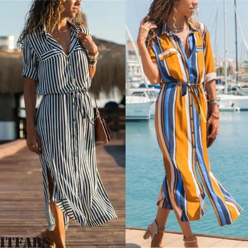 Boho Summer Striped Long Maxi Dress Women Sexy Turn Down Collar Button Shirt Dresses Elegant Ladies Party Vestidos