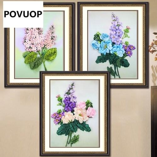POVUOP Ribbon embroidery 60X45cm pursing 5d print three-dimensional embroidery small fresh paintings