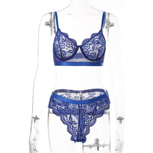 Sexy Lace Underwear Set Bra Transparent Flower Side Open Back Thin Shoulder Strap Underwear Party Blue Ladies Underwear Set