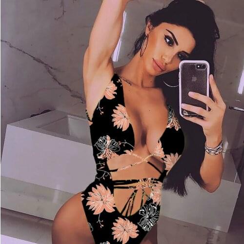 Sexy One Piece Swimsuit Women 2020 Bandage High Cut Thong Onepiece Monokini Floral Print Swimwear Swim Suit Bathing Suit Trikini