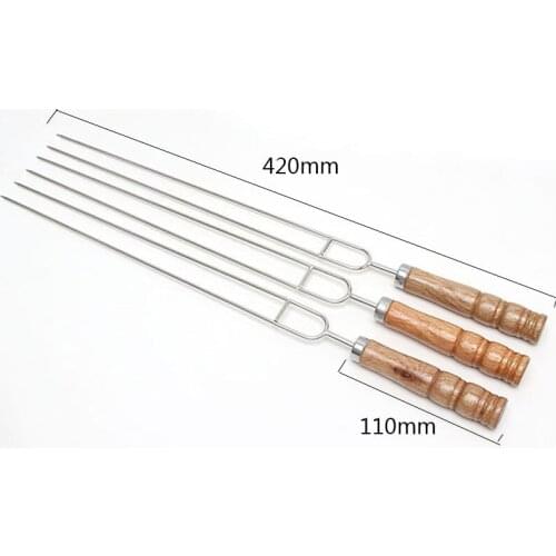 Barbecue Skewers Wooden Handle Bbq Needle Stick for Outdoor Camping Picnic Tools Cooking Tools Reusable Stainless Steel Metal