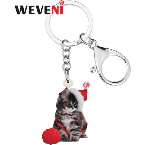 WEVENI Acrylic Christmas Hat Cat Key Chains Rings Bag Car Purse Decoration Keychains For Women Girl Teen Festival Gift Accessory