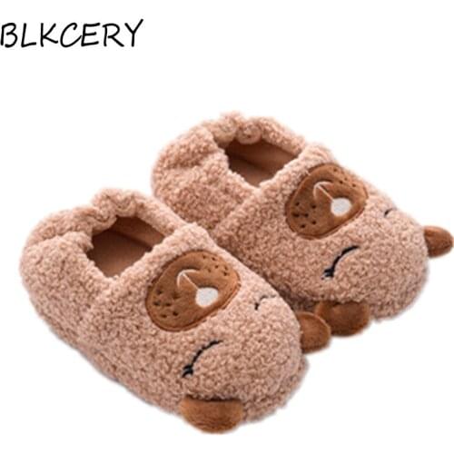 Toddler Boys Slippers Cartoon Bear Plush Warm Shoe Little Kids Loafers Winter House Shoes Girls Soft Rubber Sole Home Footwear