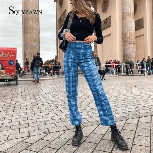 Streetwear High Waist Plaid Pants Casual Loose Long Trousers Women Outwear Fashion Blue Cargo Sweatpants Harajuku Hipster Summer